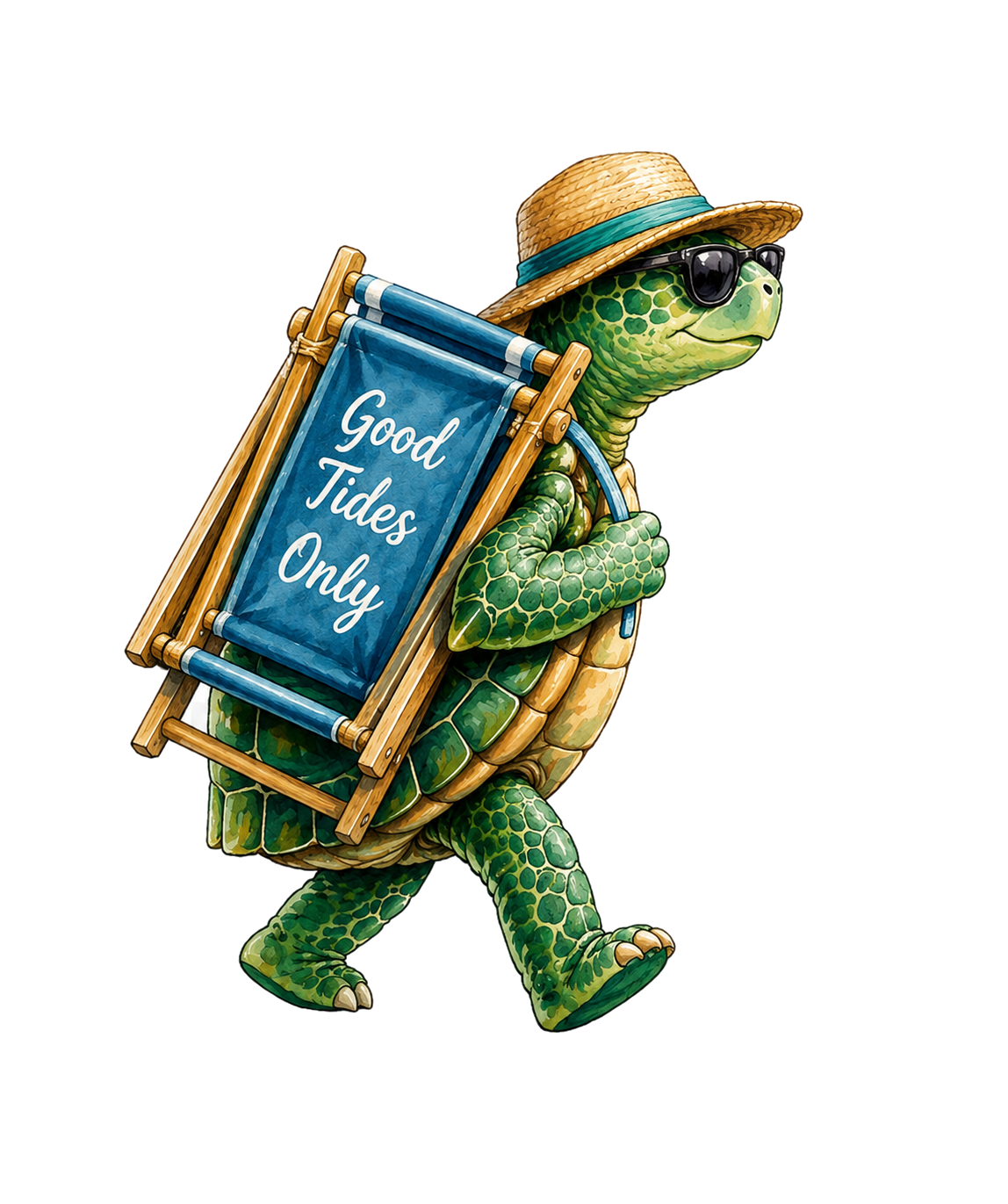 Good Tides Only turtle carrying a beach chair